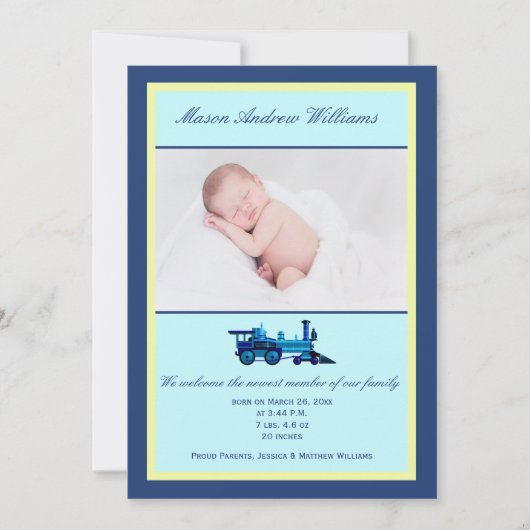 青と黄色の列車をテーマにした写真誕生 案内状 (正面)