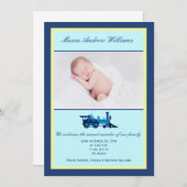 青と黄色の列車をテーマにした写真誕生 案内状 (正面/裏面)