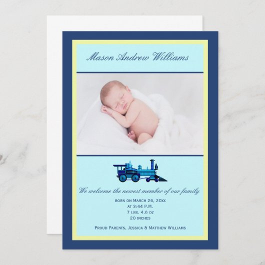 青と黄色の列車をテーマにした写真誕生 案内状 (正面/裏面)