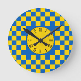 青と黄色の四角形 / チェック柄 ラウンド ラウンド壁時計