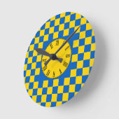 青と黄色の四角形 チェック柄 丸型 ラウンド壁時計 (傾斜)