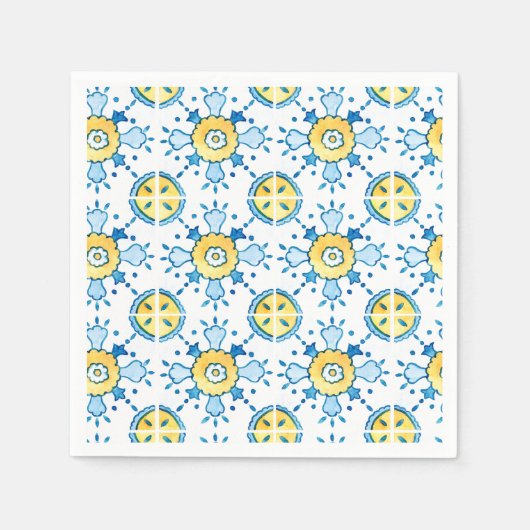 青と黄色の地中海スタイル タイル紙ナプキン スタンダードカクテルナプキン (正面)