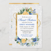 青と黄色の夏の花ゴールドフォイル甘い16 招待状 (正面/裏面)