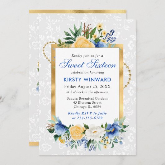 青と黄色の夏の花ゴールドフォイル甘い16 招待状 (正面/裏面)