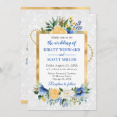 青と黄色の夏の花ゴールドフォイル結婚ズ 招待状 (正面/裏面)