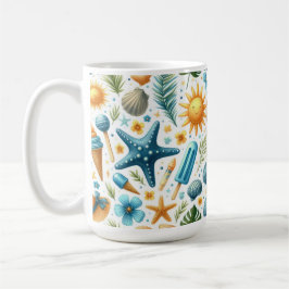 青と黄色の夏の貝殻と太陽と花 コーヒーマグカップ