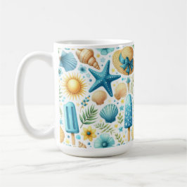 青と黄色の夏の貝殻と太陽と花 コーヒーマグカップ