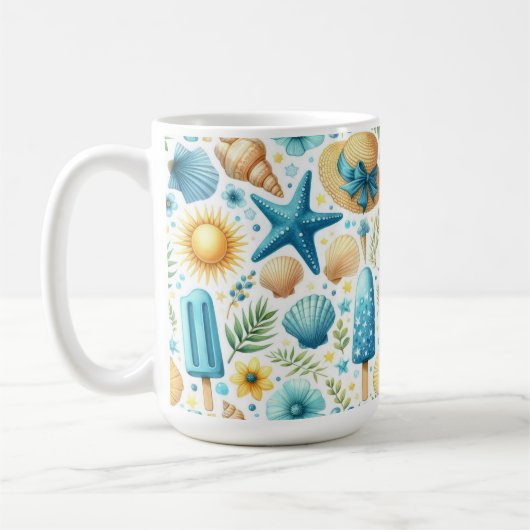 青と黄色の夏の貝殻と太陽と花 コーヒーマグカップ (左)