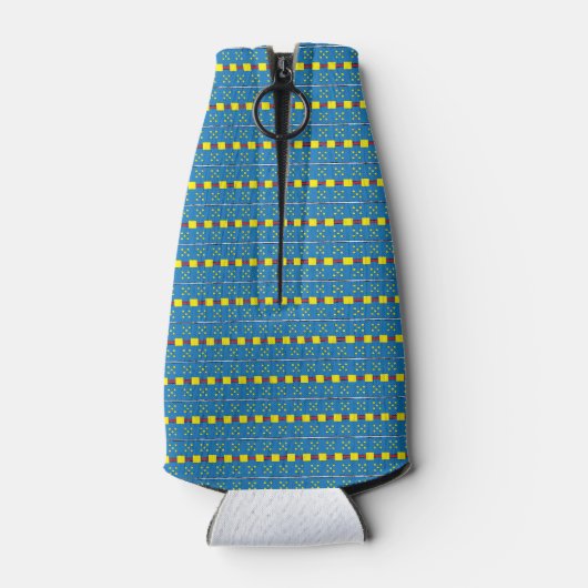 青と黄色の幾何学的な民族フォークのアートパターン ボトルクーラー (裏面)