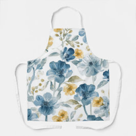 青と黄色の庭の花 ボタニカル柄 エプロン