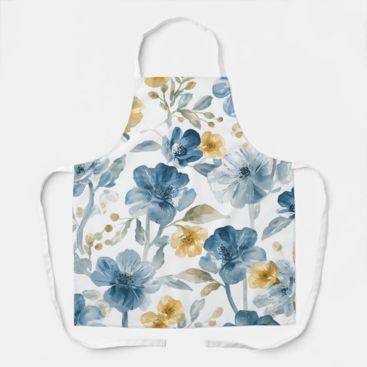 青と黄色の庭の花 ボタニカル柄 エプロン (正面)