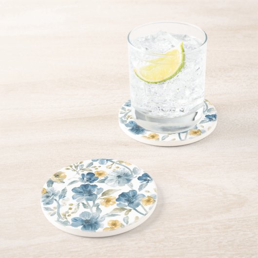 青と黄色の庭の花 ボタニカル柄 コースター (側面)