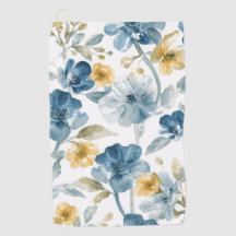 青と黄色の庭の花 ボタニカル柄