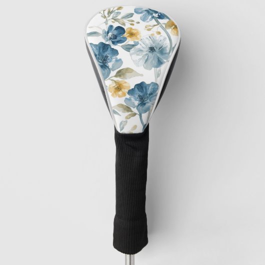 青と黄色の庭の花 ボタニカル柄 ゴルフヘッドカバー (正面)