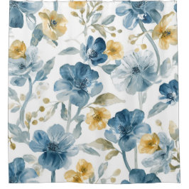 青と黄色の庭の花 ボタニカル柄 シャワーカーテン