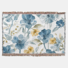 青と黄色の庭の花 ボタニカル柄 スローブランケット
