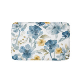 青と黄色の庭の花 ボタニカル柄 バスマット