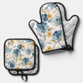 青と黄色の庭の花 ボタニカル柄 鍋つかみ&鍋敷きセット (正面/裏面)