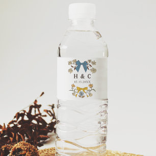 青と黄色の弓の花結婚のモノグラム ペットボトルラベル