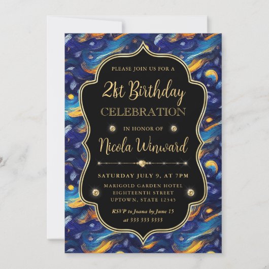 青と黄色の星空 21歳の誕生日 招待状 (正面)