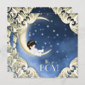 青と黄色の月の赤ちゃんシャワー 招待状 (正面/裏面)