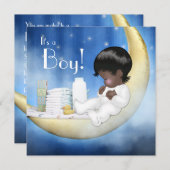 青と黄色の月の赤ちゃんシャワー 招待状 (正面/裏面)