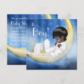 青と黄色の月の赤ちゃん歓迎会 招待状 (正面/裏面)