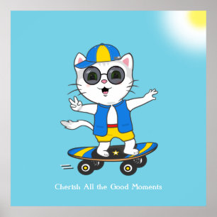 青と黄色の服を着た幸せなスケーター猫。 ポスター