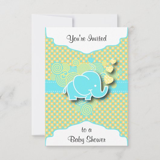 青と黄色の格子模様(ベビー象) 招待状 (正面)
