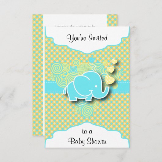 青と黄色の格子模様(ベビー象) 招待状 (正面/裏面)