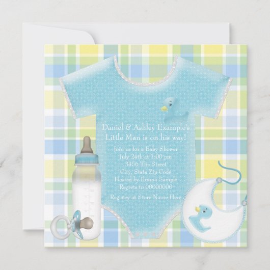 青と黄色の格子状男の赤ちゃんシャワー 招待状 (正面)