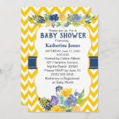 青と黄色の水の色の花ベビーシャワー 招待状 (正面/裏面)