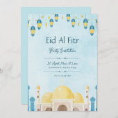 青と黄色の水彩画イードパーティー 招待状 (正面/裏面)