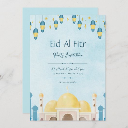 青と黄色の水彩画イードパーティー 招待状 (正面/裏面)