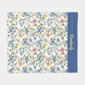 青と黄色の水彩画風の野の花のモノグラム名 フリースブランケット (正面(横))
