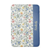 青と黄色の水彩画風の野の花のモノグラム 名前 バスマット (正面縦)