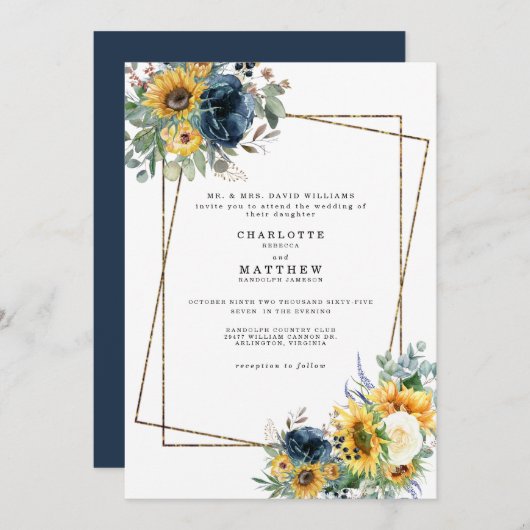 青と黄色の水彩花のウェディングペアレント ブルー 招待状 (正面/裏面)