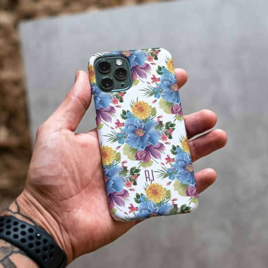 青と黄色の水彩花モノグラム柄 iPhoneケース