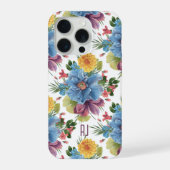 青と黄色の水彩花モノグラム柄 iPhoneケース (裏面)