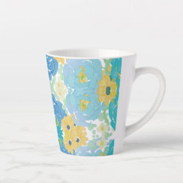 青と黄色の水彩花柄 カフェラテマグ