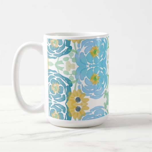 青と黄色の水彩花柄 コーヒーマグカップ (左)