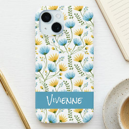 青と黄色の水彩野の花の名前 iPhone 15ケース