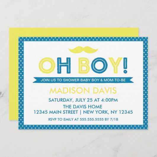 青と黄色の水玉模様オ男の子ベイビーシャワー 招待状 (正面/裏面)