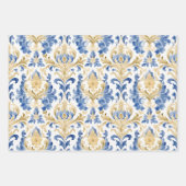 青と黄色の水色のダマスクギフト ラッピングペーパーシート (正面3)