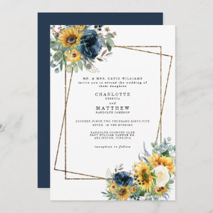 青と黄色の水色のフローラ結婚の親 招待状