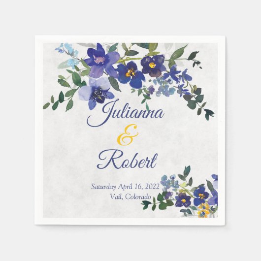 青と黄色の水色のフローラ結婚の スタンダードカクテルナプキン (正面)