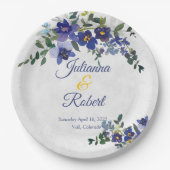 青と黄色の水色のフローラ結婚の ペーパープレート (正面)