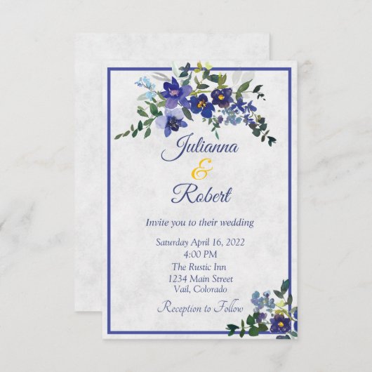 青と黄色の水色のフローラ結婚のinvitati 招待状 (正面/裏面)