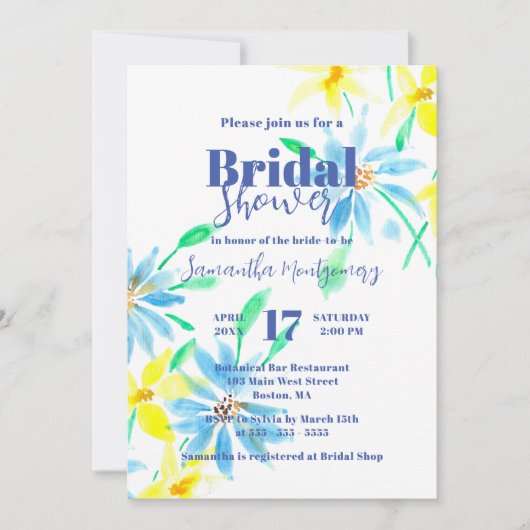 青と黄色の水色の花のブライダルシャワー 招待状 (正面)