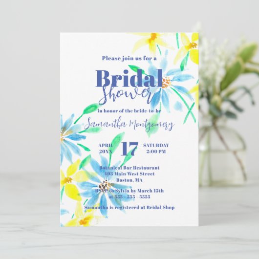 青と黄色の水色の花のブライダルシャワー 招待状 (スタンド正面)